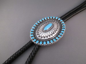 Bolo Tie with intricately stamped Sterling Silver and Sleeping Beauty Turquoise