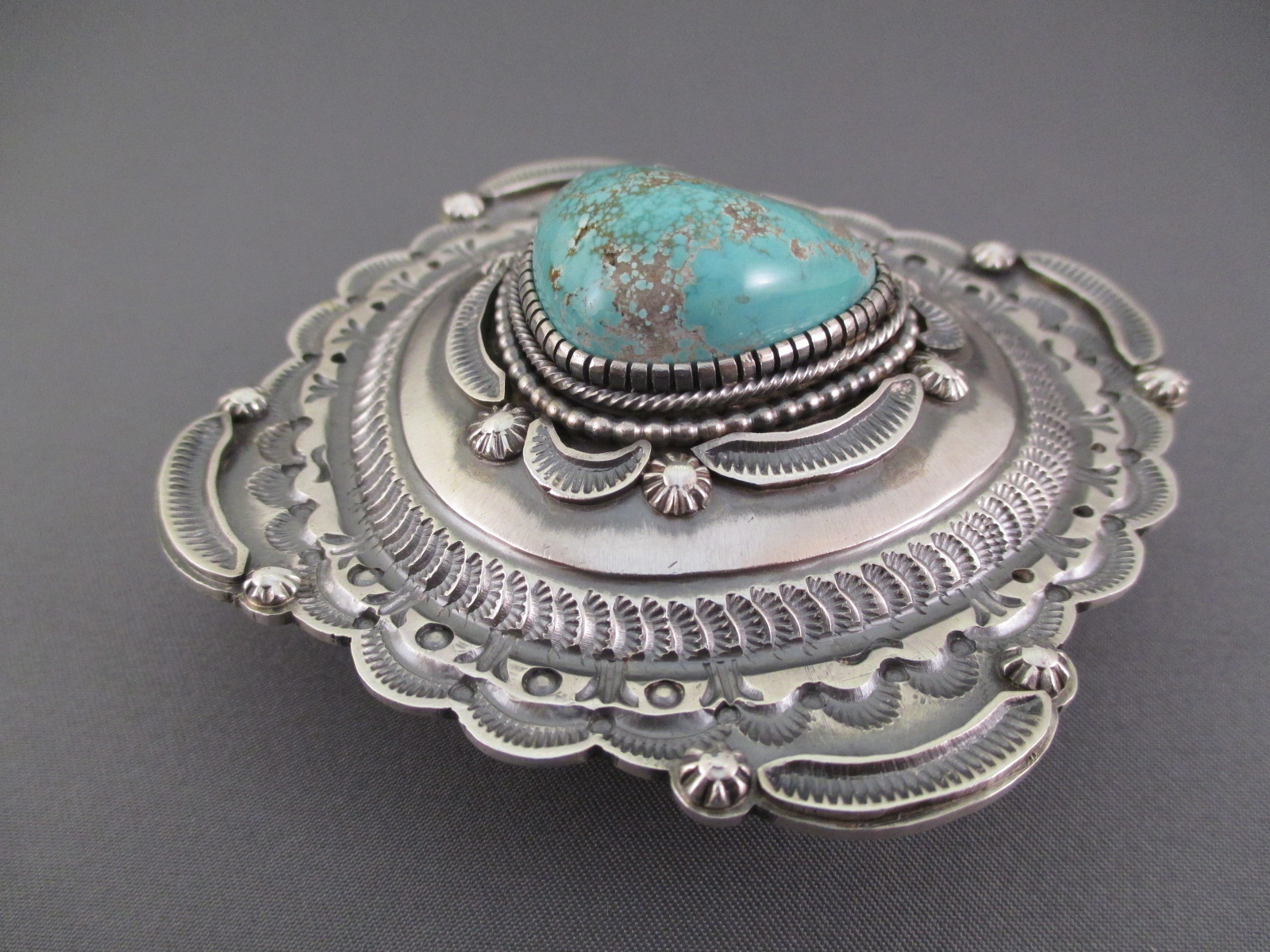 Native American Indian made Belt Buckle of Sterling Silver & Carico Lake Turquoise