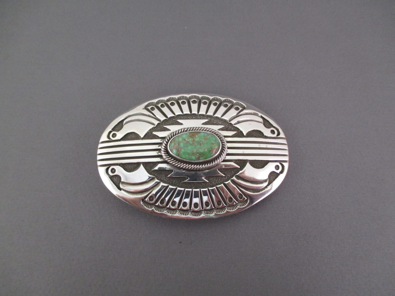 Native American Indian made Belt Buckle of Sterling Silver & Carico Lake Turquoise