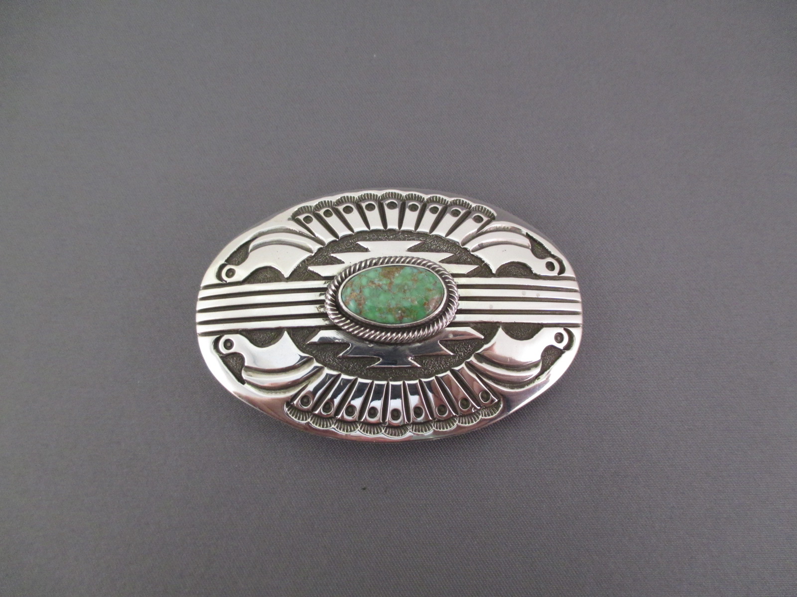 Native American Indian made Belt Buckle of Sterling Silver & Carico Lake Turquoise