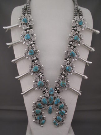 Turquoise Mountain Turquoise Squash Blossom Necklace by Navajo Indian jeweler, Tonya June Rafael $3,750-