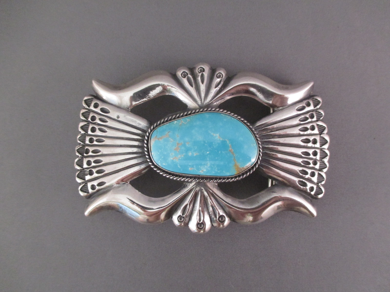 Sandcast Sterling Silver & Morenci Turquoise Belt Buckle by Navajo jewelry artist, Wilson Begay $650-