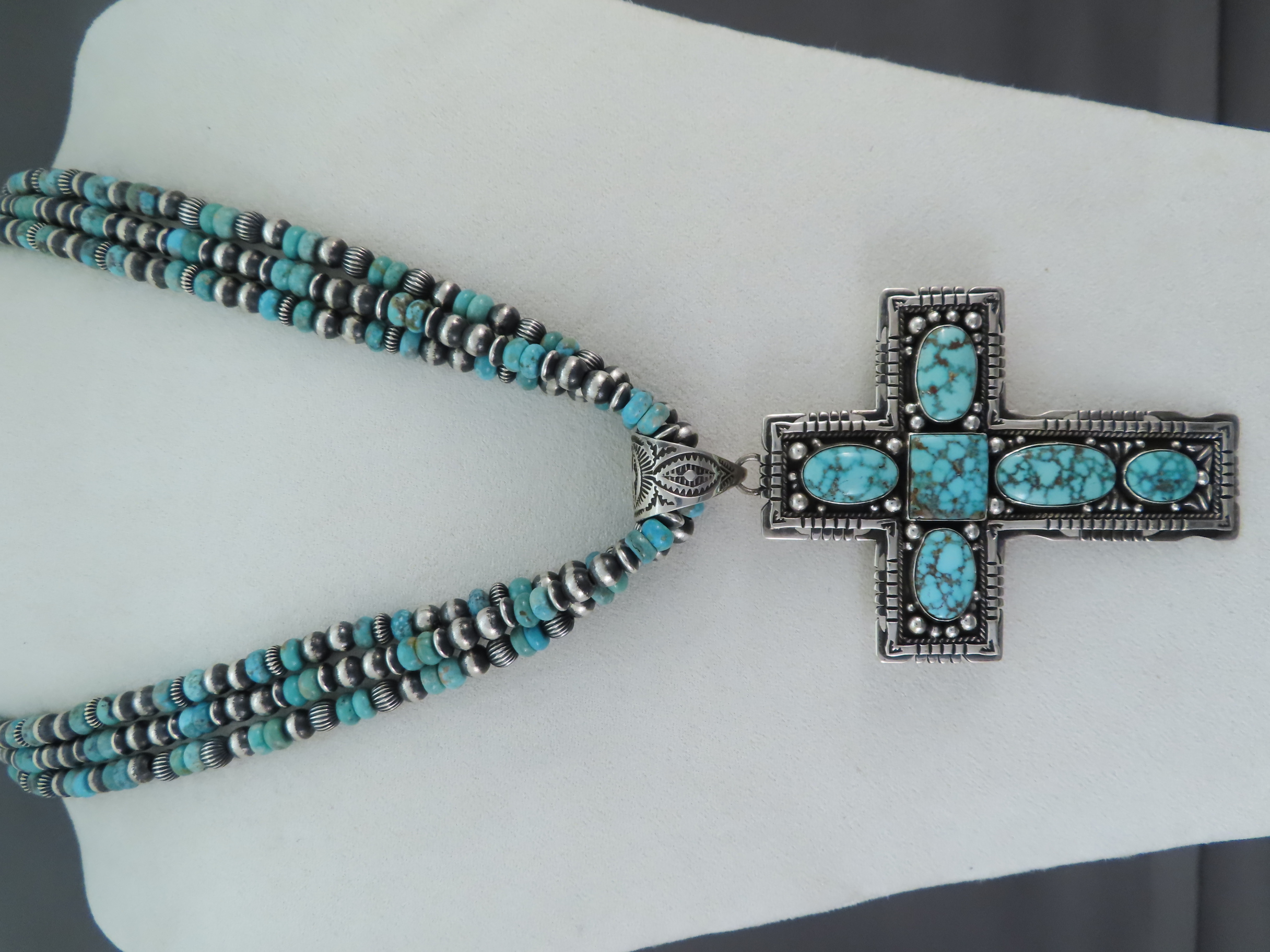 Turquoise Pendant Necklace - Kingman Turquoise Cross Necklace by Native American (Navajo) Jeweler, Tsosie White $2,550- FOR SALE