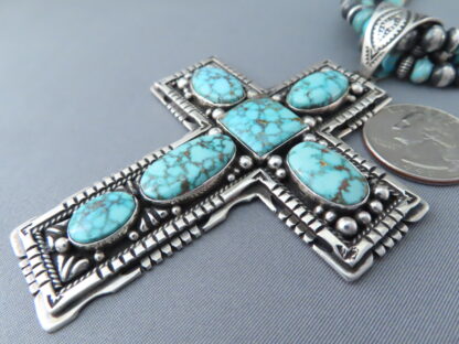 Kingman Turquoise & Sterling Silver Cross Pendant Necklace