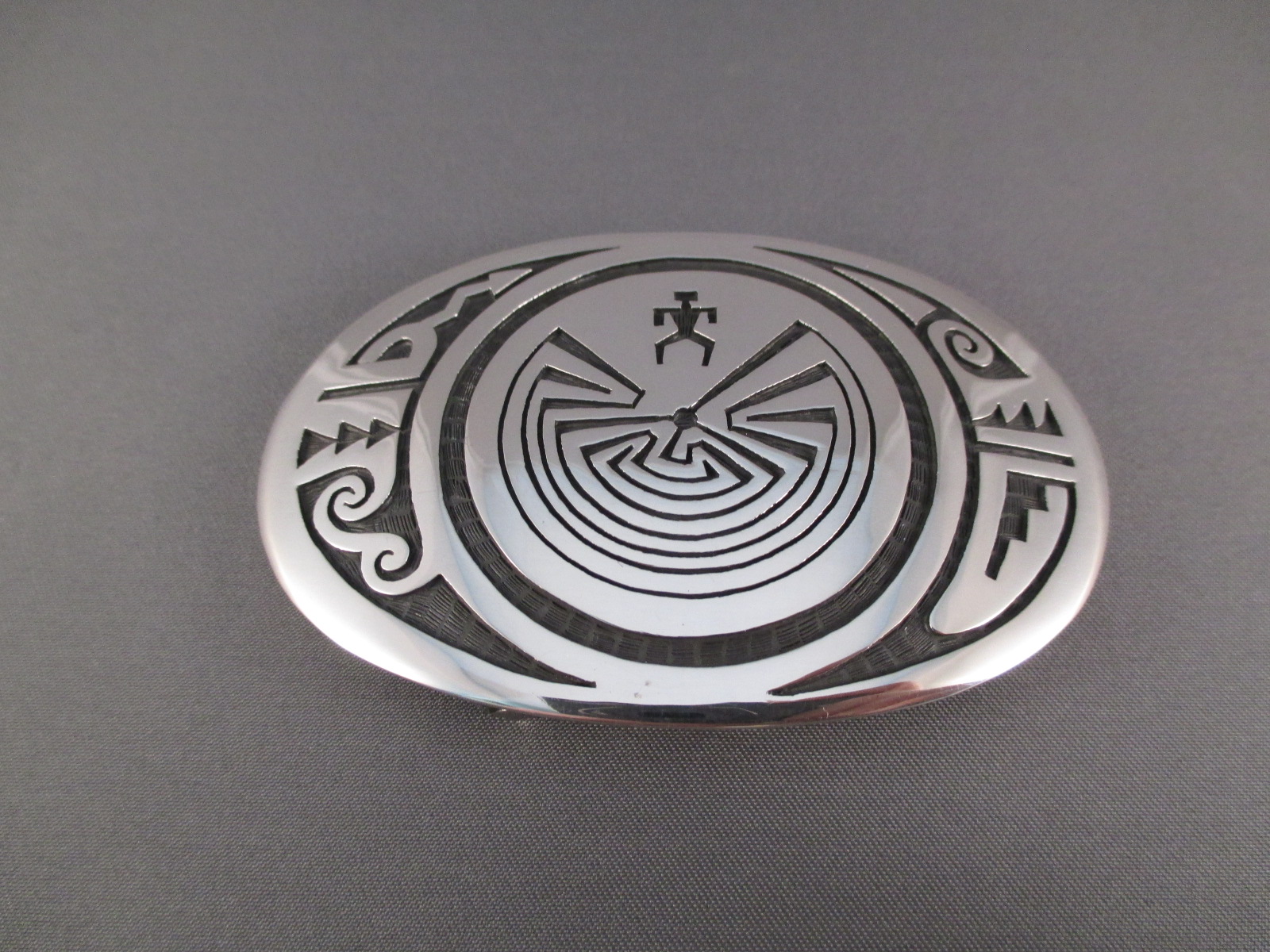 Sterling SIlver Overlay Belt Buckle - Man in the Maze - by Hopi Indian jewelry artist, Joe Josytewa $495-