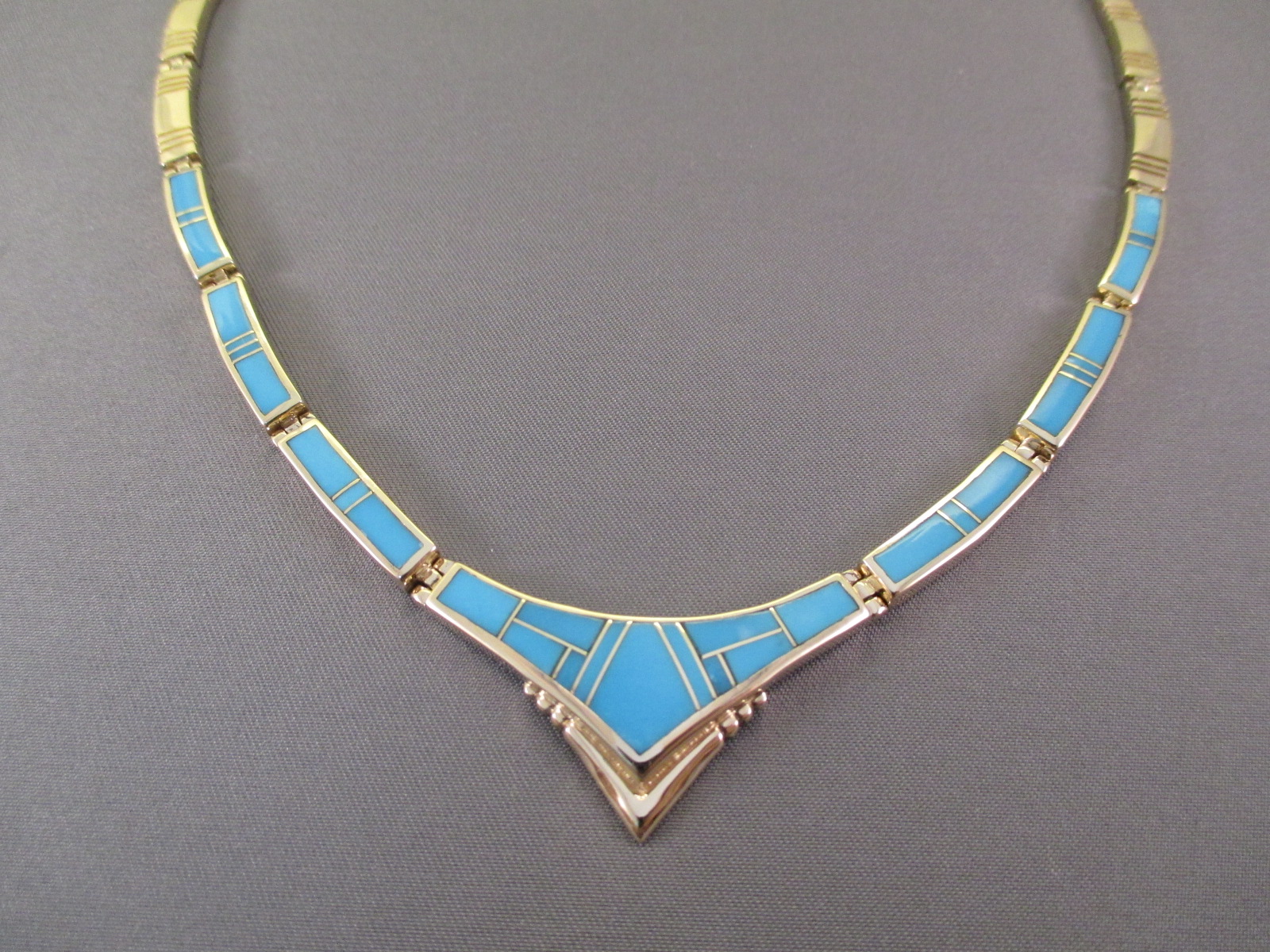 14kt Gold & Sleeping Beauty Turquoise Inlay Necklace - Native American ...