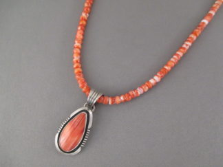 Native American Jewelry - Orange Spiny Oyster Shell Necklace by Navajo jewler, Will Denetdale FOR SALE $225-