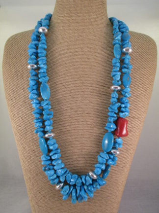 Sleeping Beauty Turquoise Necklace with Coral and Sterling Silver accents