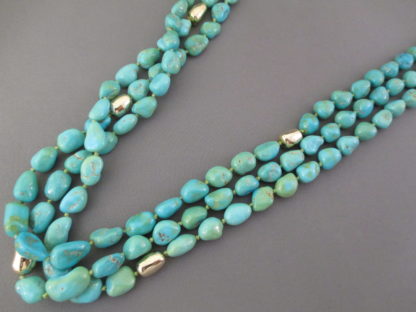 Long 3-Strand Sleeping Beauty Turquoise Necklace with 14kt Gold Accents