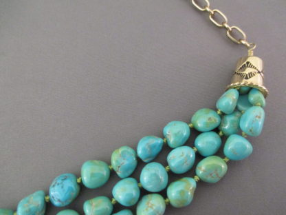 Long 3-Strand Sleeping Beauty Turquoise Necklace with 14kt Gold Accents