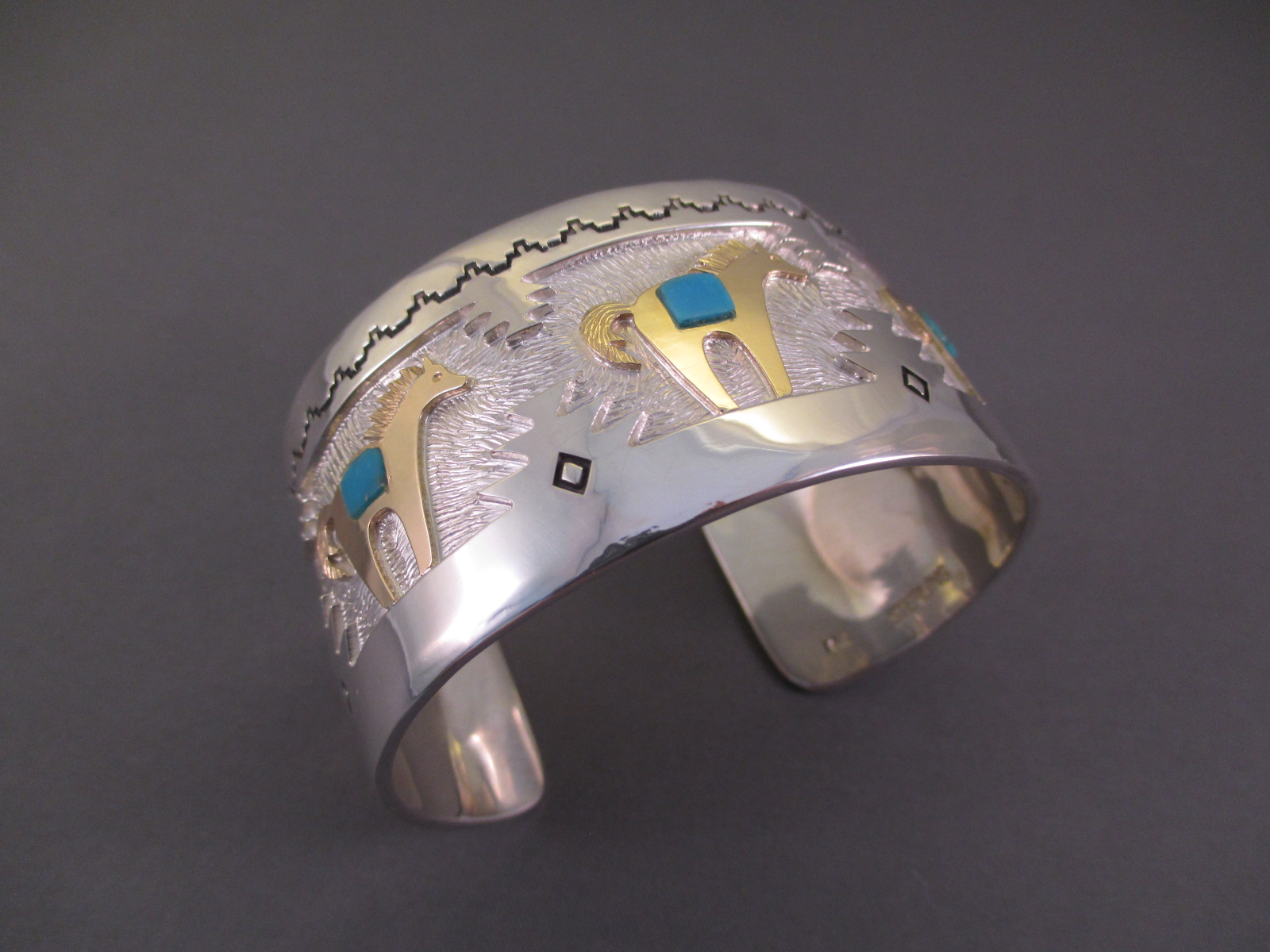 Sterling Silver, 14kt Gold, and Kingman Turquoise 'Horse' Cuff Bracelet by Native American Wichita Indian jewelry artist, Dina Huntinghorse