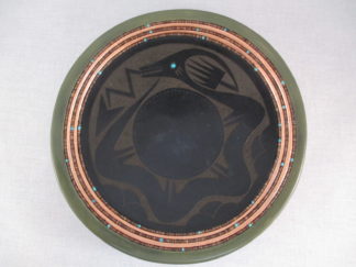 Pottery Plate with Avanyu and inset hei-shi beads by Native American San Ildefanso Pueblo Indian pottery artist, Russell Sanchez