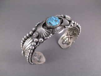 Sterling Silver and Kingman Turquoise Cuff Bracelet by Native American Navajo Indian jewelry artist, Delbert Gordon $925-