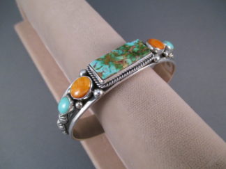Royston Turquoise and Spiny Oyster Shell Cuff Bracelet by Navajo jewelry artist, Guy Hoskie $495-
