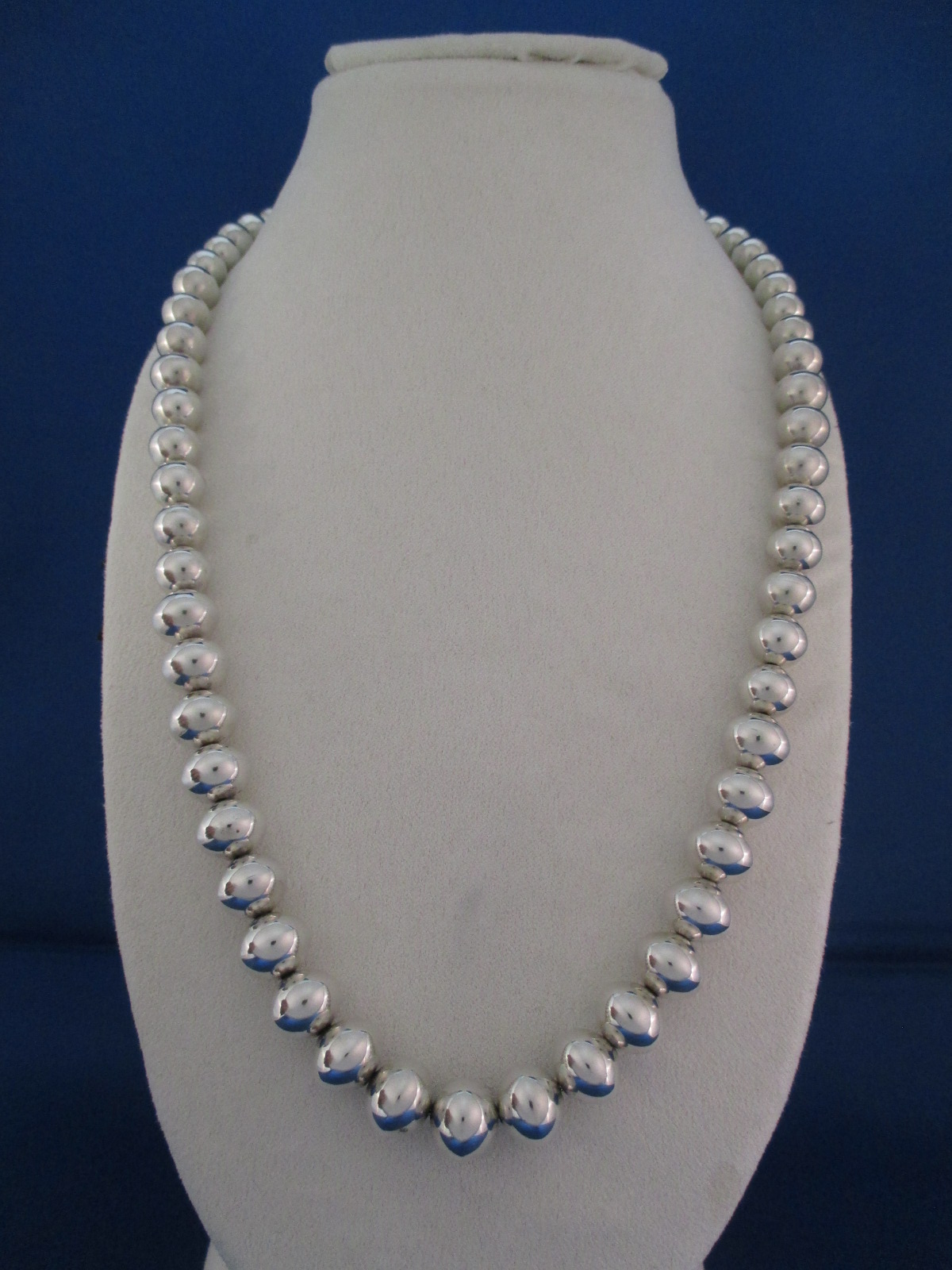 Longer Sterling Silver Bead Necklace by Navajo jewelry artists, Gene & Martha Jackson $625-