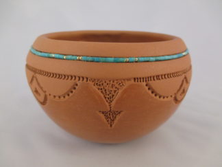 Pueblo Pottery - Pottery Bowl with Turquoise & Gold accents by Native American Isleta Pueblo Indian Potter, Caroline Carpio $625-