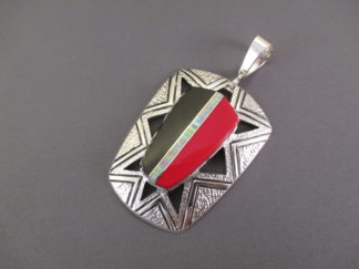 Inlay Pendant with Rosarita, Black Jade, and Opal by Native American Indian jewelry artist, Duane Maktima $1,895-