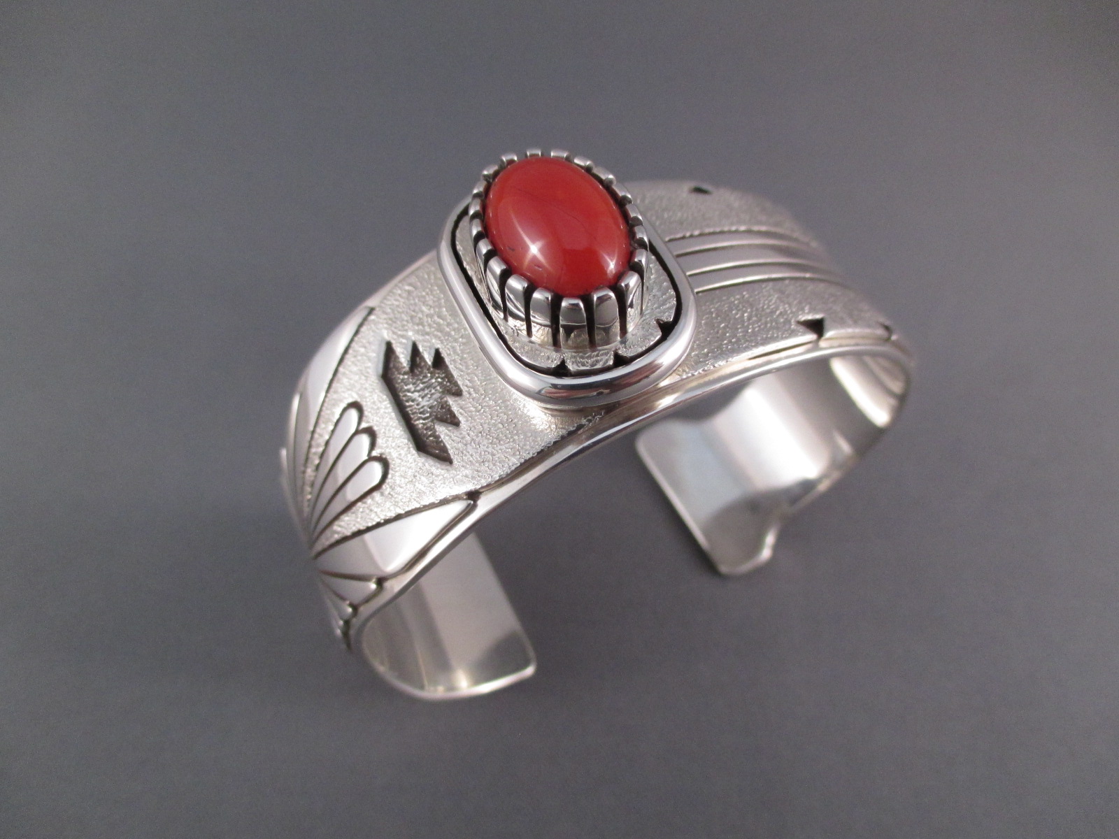 Sterling Silver & Coral Cuff Bracelet by Native American Navajo Indian jewelry artist, Leo Yazzie $1,250-