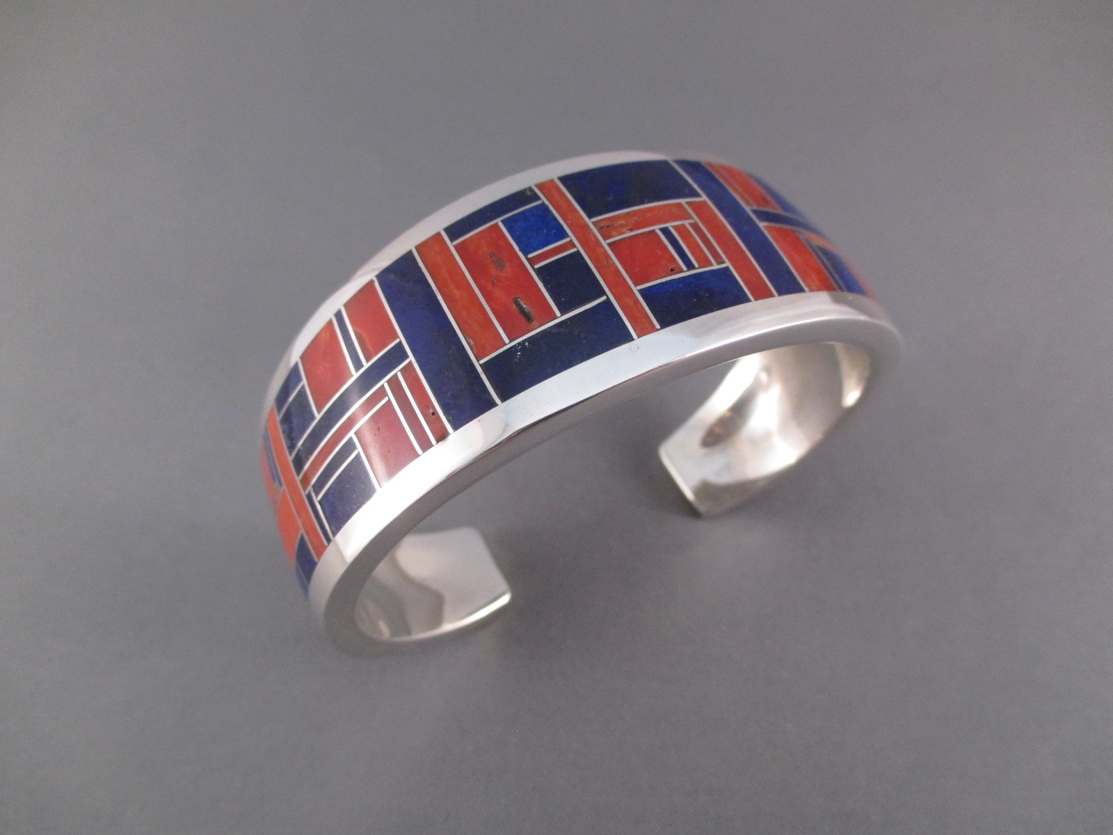 Lapis & Coral Inlay Cuff Bracelet by Ray Tracey