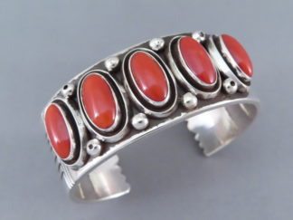 Sterling Silver & Coral Bracelet Cuff by Native American (Navajo) jewelry artist, Leonard Nez FOR SALE $1,295-