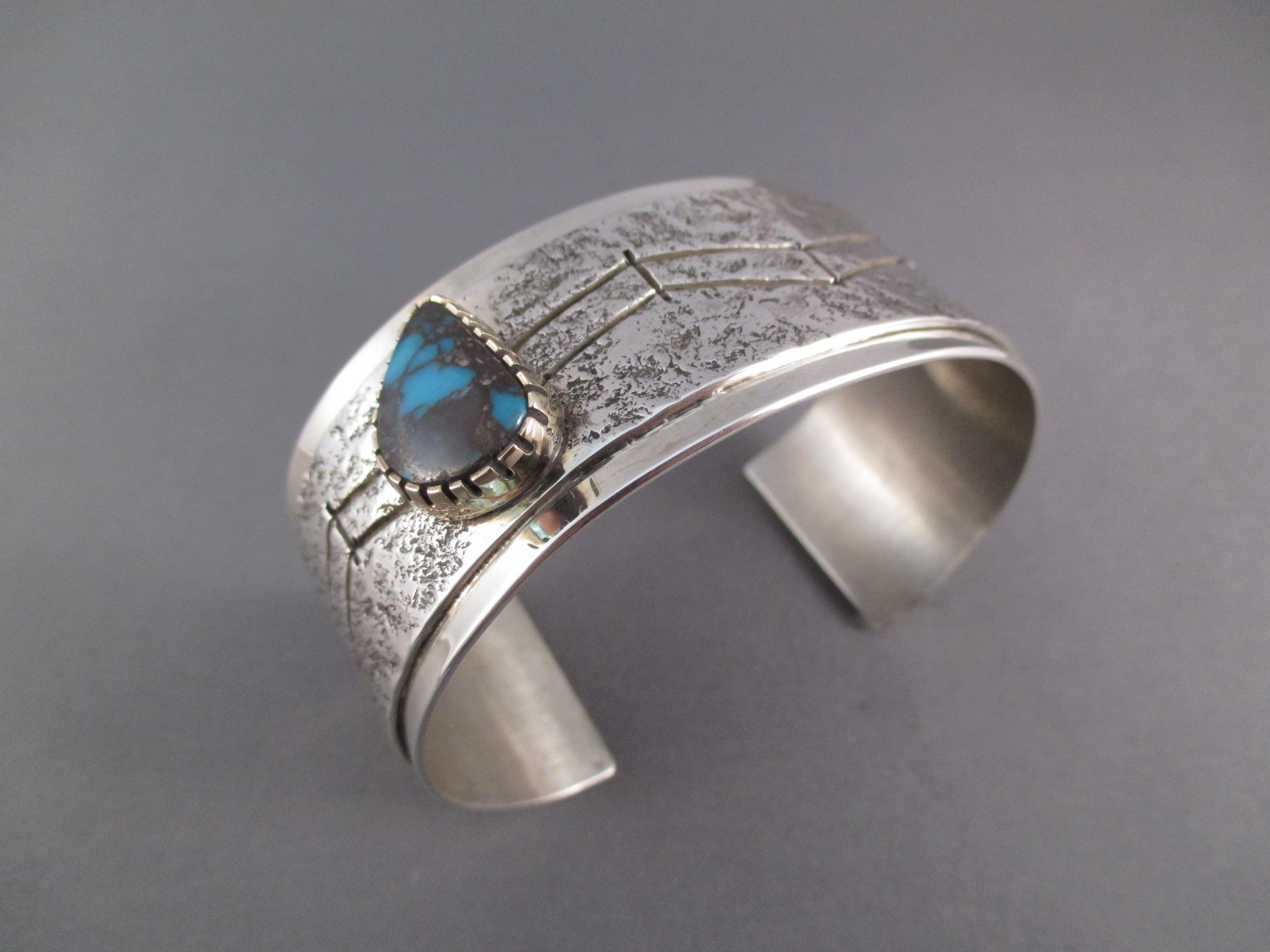 Sterling Silver & Candelaria Turquoise Cuff Bracelet by Navajo jewelry artist, Vernon A Begaye $850-