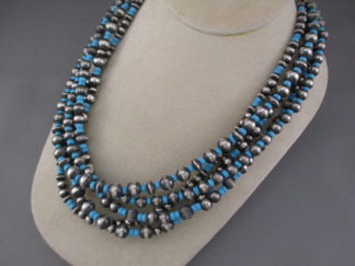 Sterling Silver Bead Necklace with Turquoise by Navajo jewelry artist, Marilyn Platero FOR SALE $995-