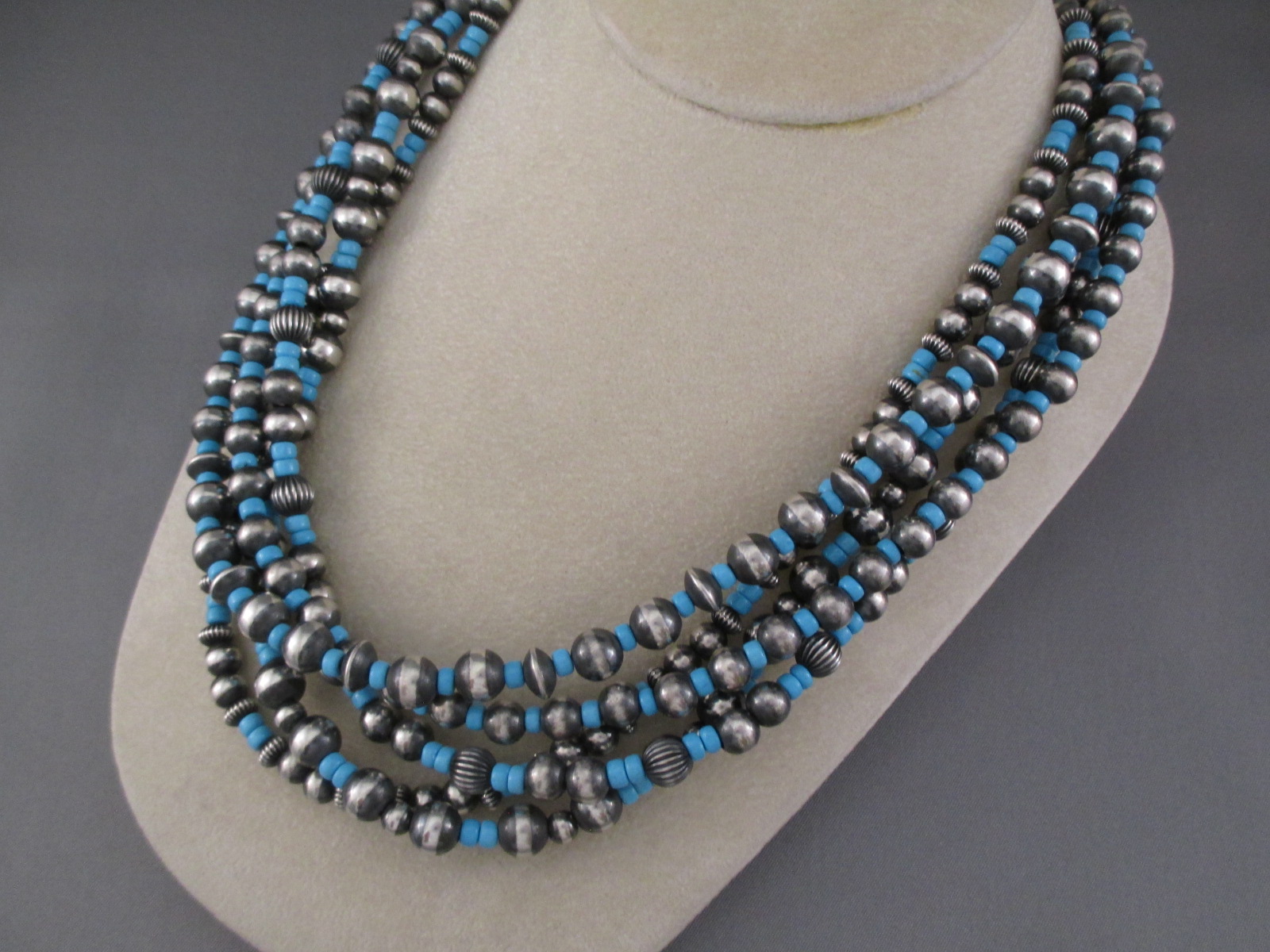 Sterling Silver Bead Necklace with Turquoise by Navajo jewelry artist, Marilyn Platero FOR SALE $995-