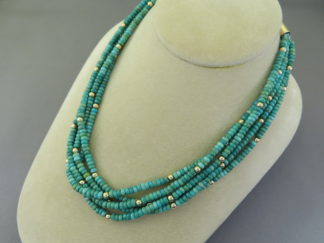 Gold & Turquoise Necklace - 5 Strand Emerald Valley Turquoise & Gold Necklace by Navajo jeweler, Desiree Yellowhorse $4,200- FOR SALE