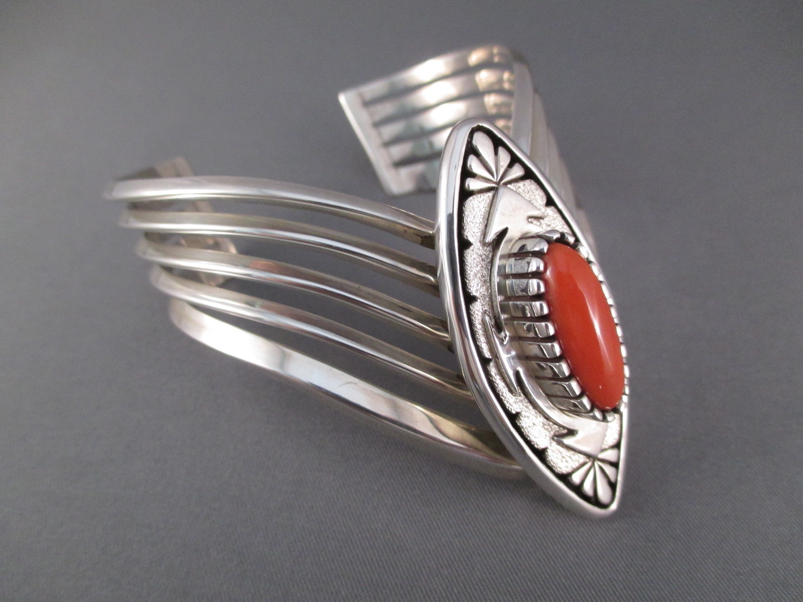 Sterling Silver and Coral Cuff Bracelet by Navajo jeweler, Leo Yazzie photo 2