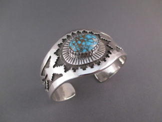 Sterling Silver and Apache Blue Turquoise Cuff Bracelet by Native American jewelry artist, Dina Huntinghorse $775-