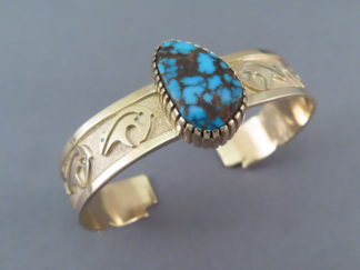 Turquoise & Gold Bracelet - 14kt Gold Lone Mountain Turquoise Bracelet by Native American Indian jeweler, Robert Taylor $3,500- FOR SALE