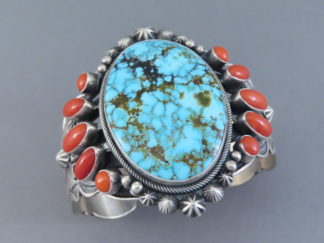 Native American Jewelry - Kingman Turquoise & Coral Cuff Bracelet by Navajo jeweler, Aaron Toadlena $1,595- FOR SALE