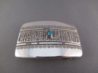 BU6075 Sterling Silver, 14kt Gold, and Lander Blue Turquoise Belt Buckle by Navajo jewelry artist, Norbert Peshlakai