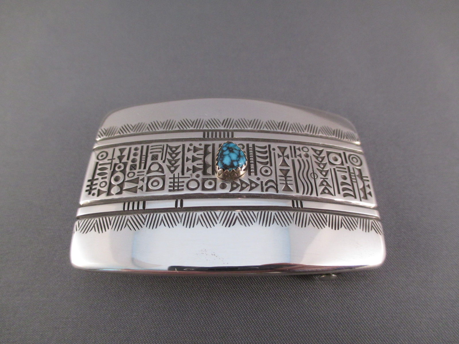 BU6075 Sterling Silver, 14kt Gold, and Lander Blue Turquoise Belt Buckle by Navajo jewelry artist, Norbert Peshlakai