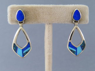 Gold Earrings - Turquoise & Lapis Inlay Gold Earrings by Native American jewelry artist, Tim Charlie FOR SALE $1,585-