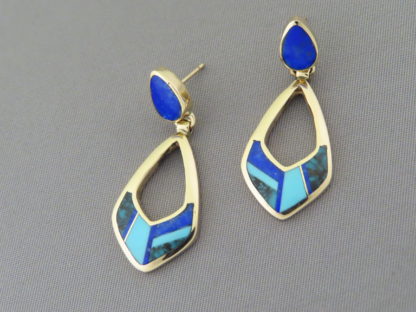 Gold Earrings with Turquoise & Lapis Inlay