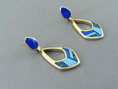 Gold Earrings with Turquoise & Lapis Inlay
