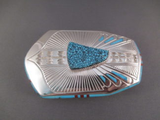 Sterling Silver Belt Buckle with Kingman Turquoise and Coral by Native American jewelry artist, Jay Jacob Livingston $2,600-