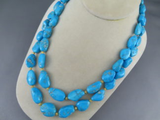 Two Strand Sleeping Beauty Turquoise & Gold Necklace by Native American Jewelry Artists, Pilar Lovato & Curtis Pete FOR SALE $4,850-