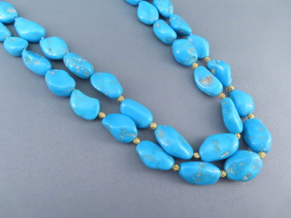 Double Strand Sleeping Beauty Turquoise Necklace with Gold