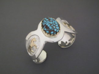 ‘Horse’ Bracelet with 14kt Gold & Apache Blue Turquoise by Fortune Huntinghorse