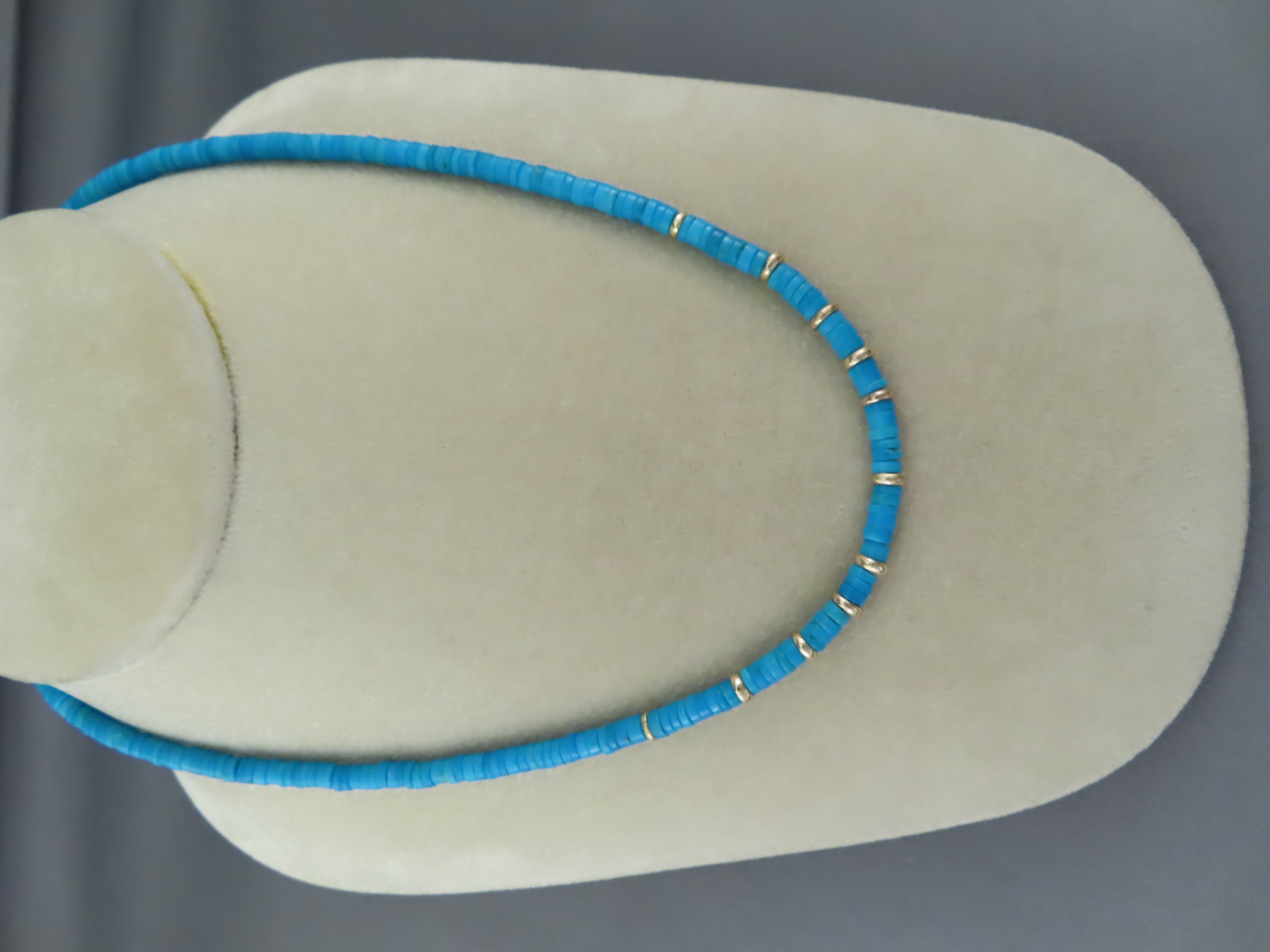 Dainty 14kt Gold & Sleeping Beauty Turquoise Neclkace by Santo Domingo Pueblo Indian jeweler, Pilar Lovato $1,695- FOR SALE