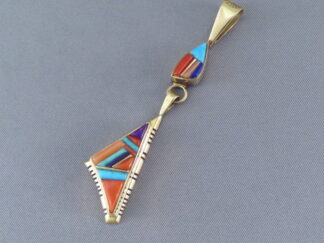 18kt Gold & Multi-Color Inlay 'Double Pendant' by Navajo jewelry artist, David Tune FOR SALE $1,250-