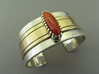 Native American Jewelry - Silver & Gold Cuff Bracelet with Coral by Navajo jeweler, Leonard Nez FOR SALE $995-