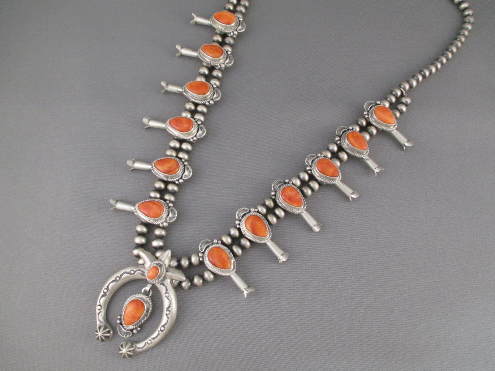 Navajo Sterling Silver Orange Spiny Oyster Shell Small Squash Blossom Pendant 