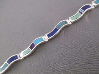 Inlay Jewelry - 'Wavy' Inlaid Multi-Stone Link Bracelet by Navajo Indian jewelry artist, Tim Charlie $410-