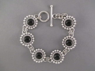 Native American Jewelry - Sterling Silver & Black Onyx Link Bracelet by Navajo jeweler, Artie Yellowhorse FOR SALE $395-