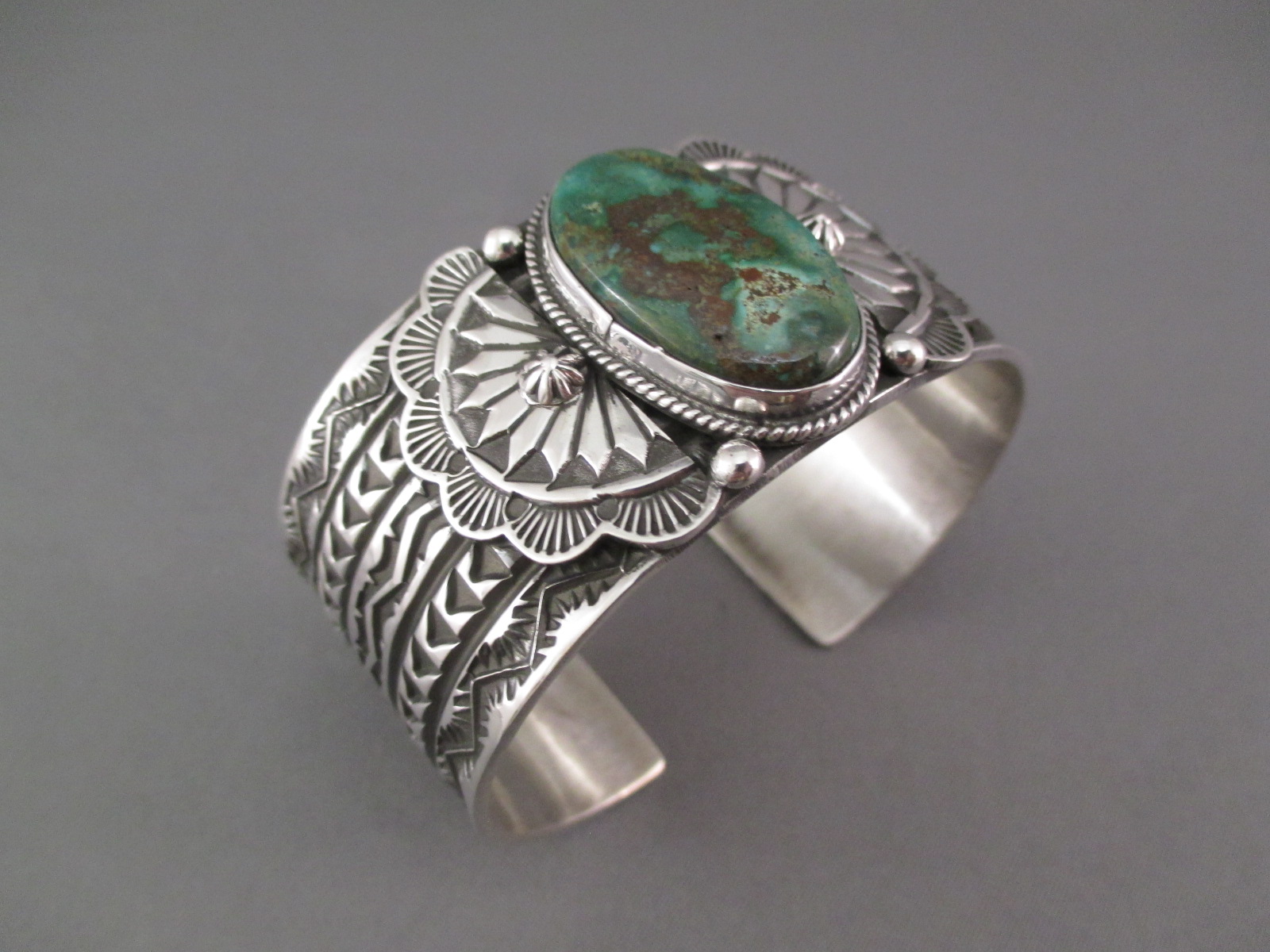 Wide Royston Turquoise Cuff Bracelet by Native American Indian jewelry artist, Sunshine Reeves $595-