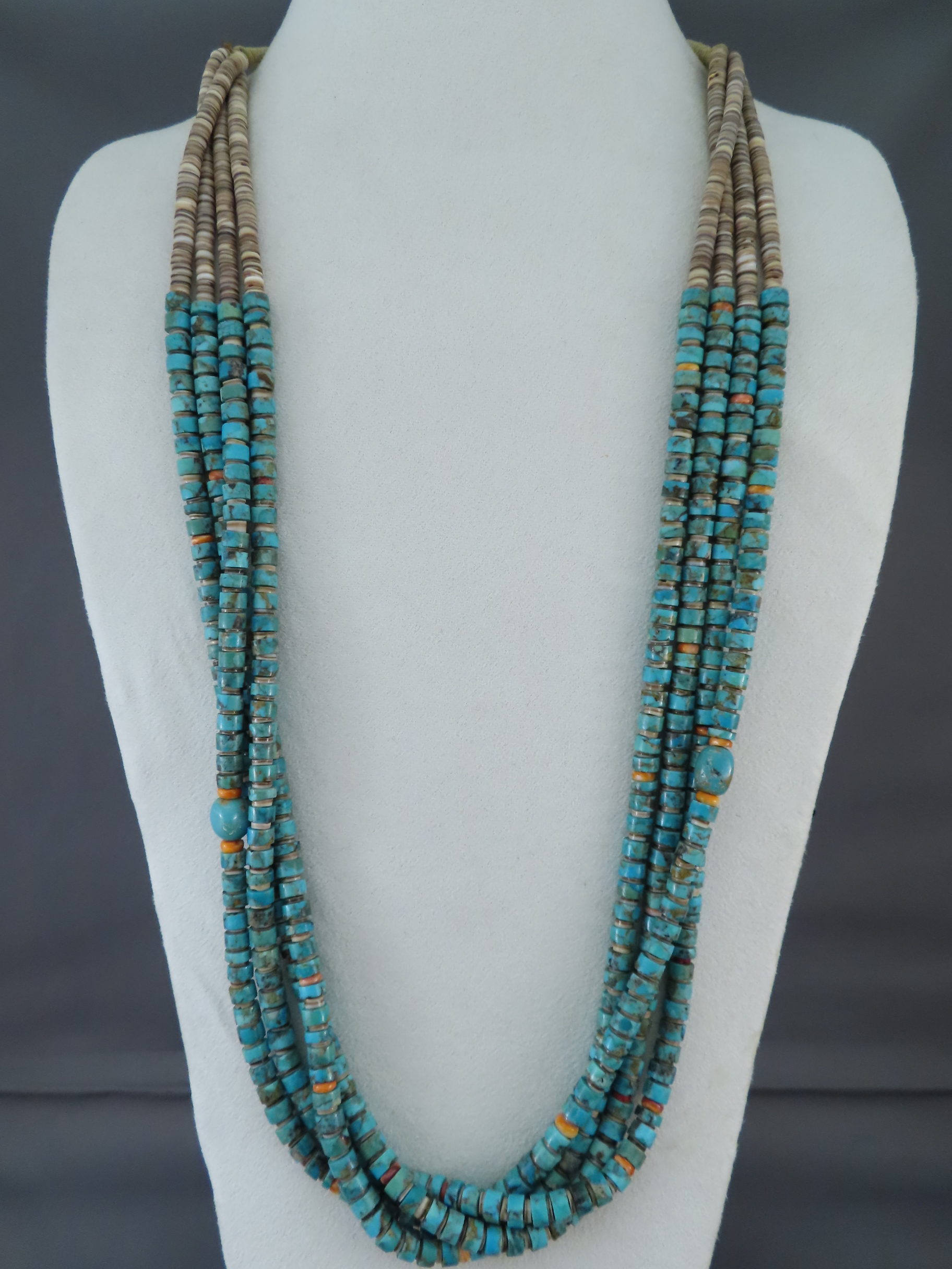 4-Strand Number Eight Turquoise Necklace with Spiny Oyster Shell Accents by Native American jewelry artist, Lita Atencio FOR SALE $875-