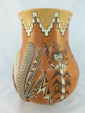 Native American Pottery - LARGE Appliqued Yei Pottery Jar by Navajo potter, Lucy Lueppe McKelvey FOR SALE $2,600-